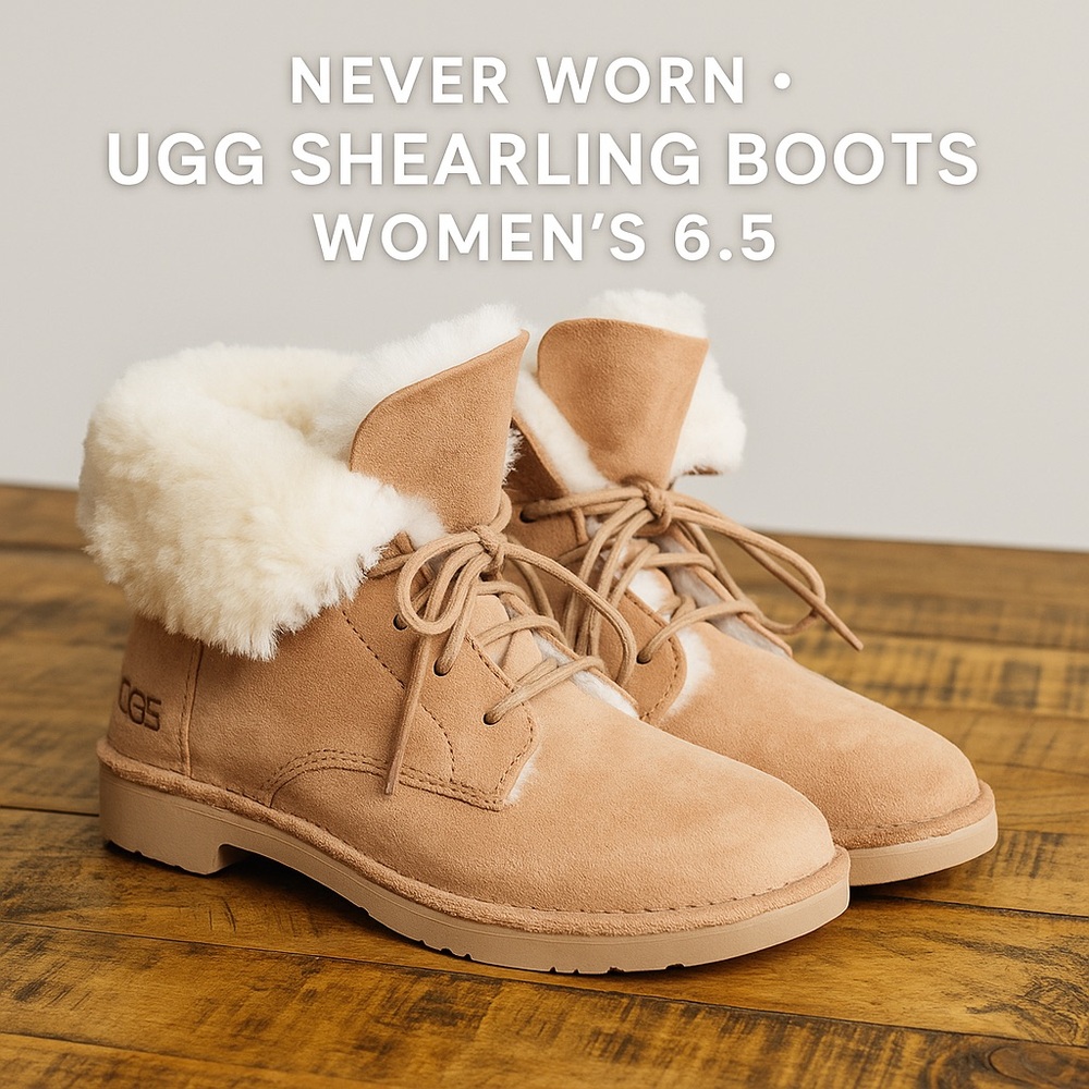 UGG Shearling Lace-Up Foldover Boots 6.5 Tan